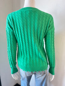 J Society Cable V-Neck Distressed Sweater- Clover