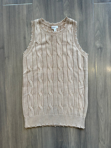 Minnie Rose Stone Washed Distressed Cotton Cable Knit Tank - Desert