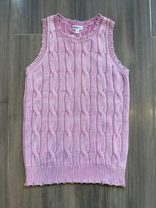 Minnie Rose Stone Washed Distressed Cotton Cable Knit Tank - Faded Rose