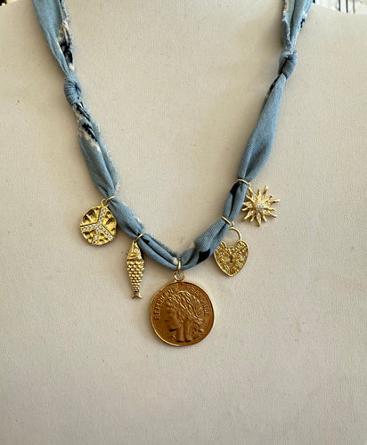 Mandriana - Vintage Bandana Charm Necklace - Grey