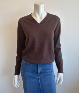 Minnie Rose - Distressed V-Neck Sweater - Chocolate