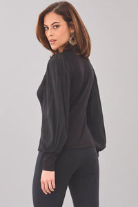 Lola & Sophie - Balloon Sleeve Zip Front Rib Top - Black