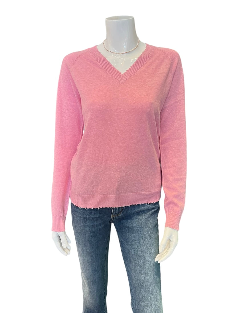 Minnie Rose - Cotton/Cashmere Distressed V-Neck - Fondant