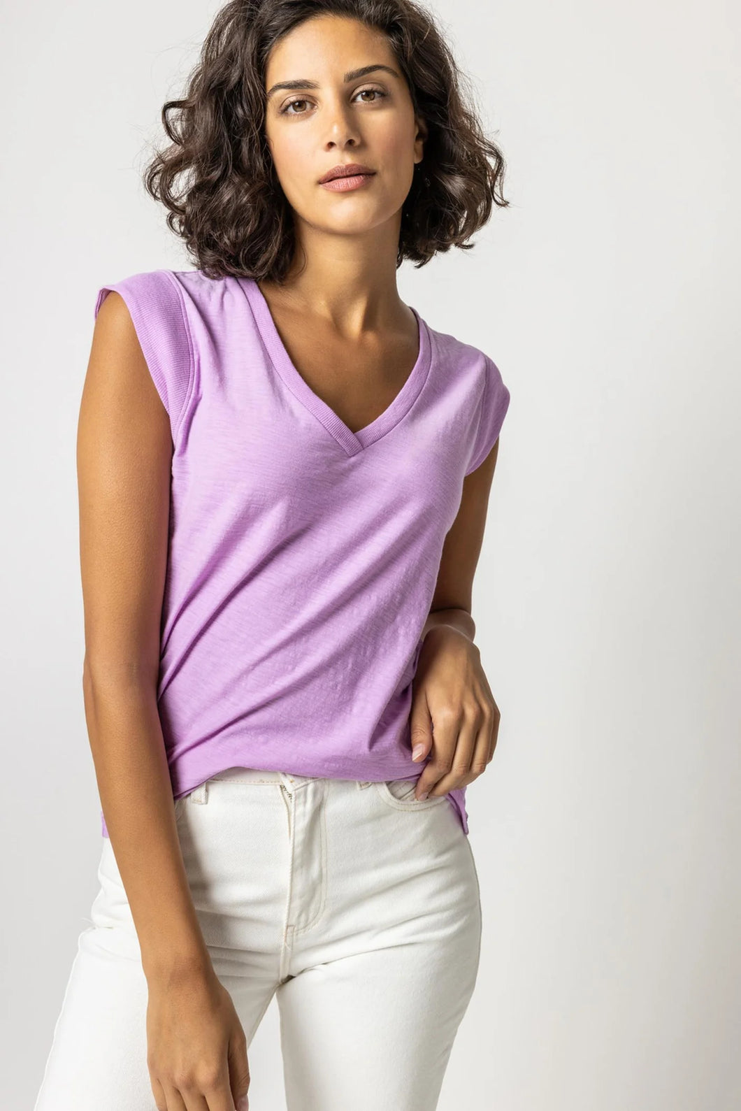 Lilla P - Rib Trim V-Neck Tee - Violet