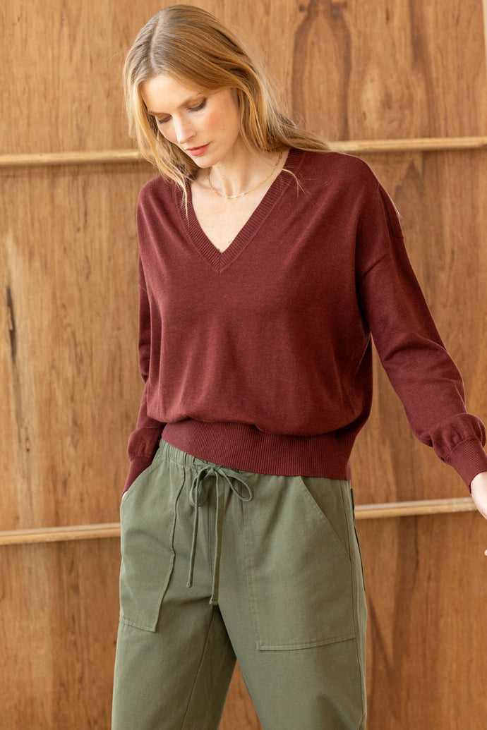 Lilla P - Easy Double V-Neck Sweater - Mahogony