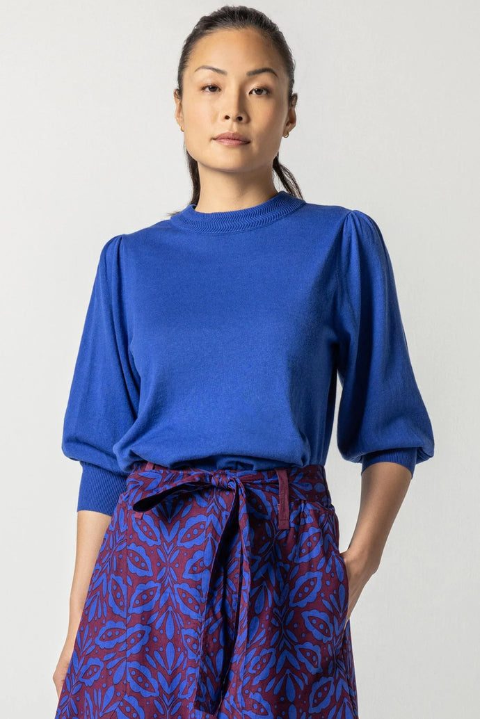 Lilla P Rib Trimmed Puff Sleeve Sweater - Cobalt