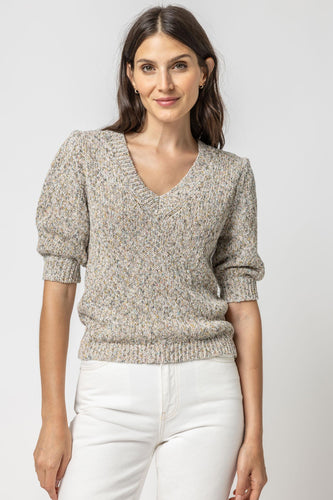 Lilla P Elbow Sleeve V-Neck Sweater - Multi Fleck
