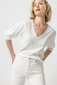 Lilla P - Puff Sleeve V-Neck Sweater - Linen