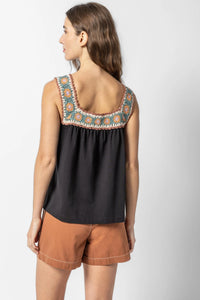 Lilla P Crochet Trim Tank - Black Multi