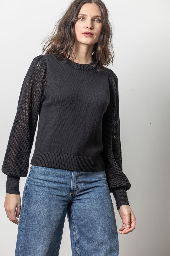 Lilla P - Pointelle Sleeve Crewneck Sweater - Black