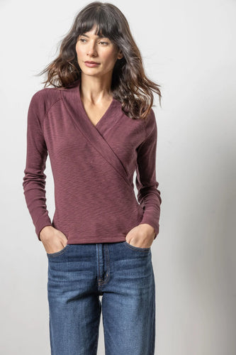 Lilla P - Shawl Collar Faux Wrap Top - Wine