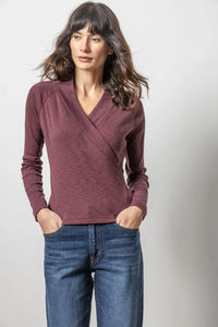 Lilla P - Shawl Collar Faux Wrap Top - Wine