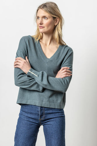 Lilla P - Snap Cuff V-Neck Sweater - Heron