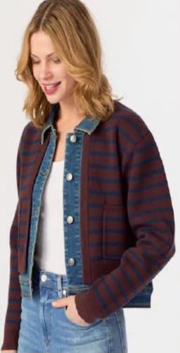 J Society Striped  Trim Jean Jacket - Chocolate/Navy