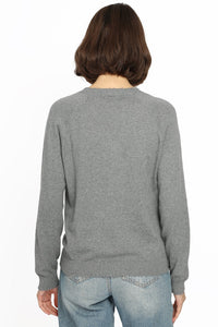 Minnie Rose Cotton Cashmere Distressed V- Neck Sweater - Grey Shadow