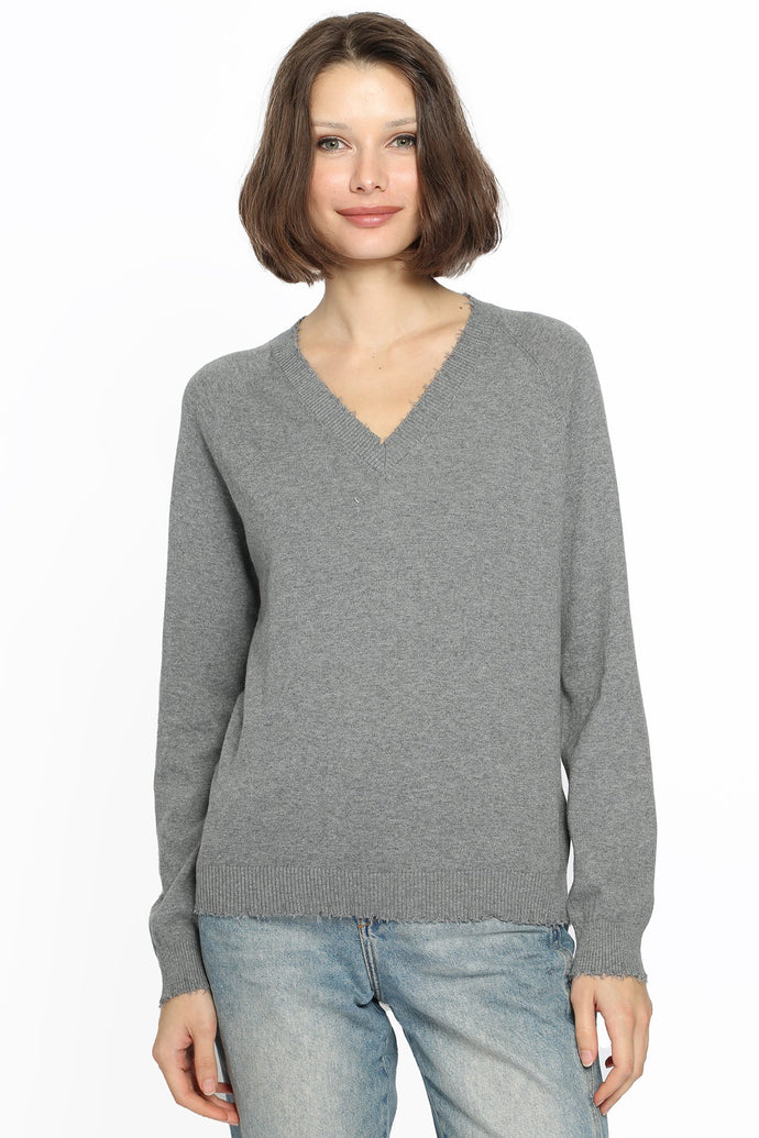 Minnie Rose Cotton Cashmere Distressed V- Neck Sweater - Grey Shadow