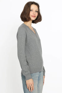 Minnie Rose Cotton Cashmere Distressed V- Neck Sweater - Grey Shadow