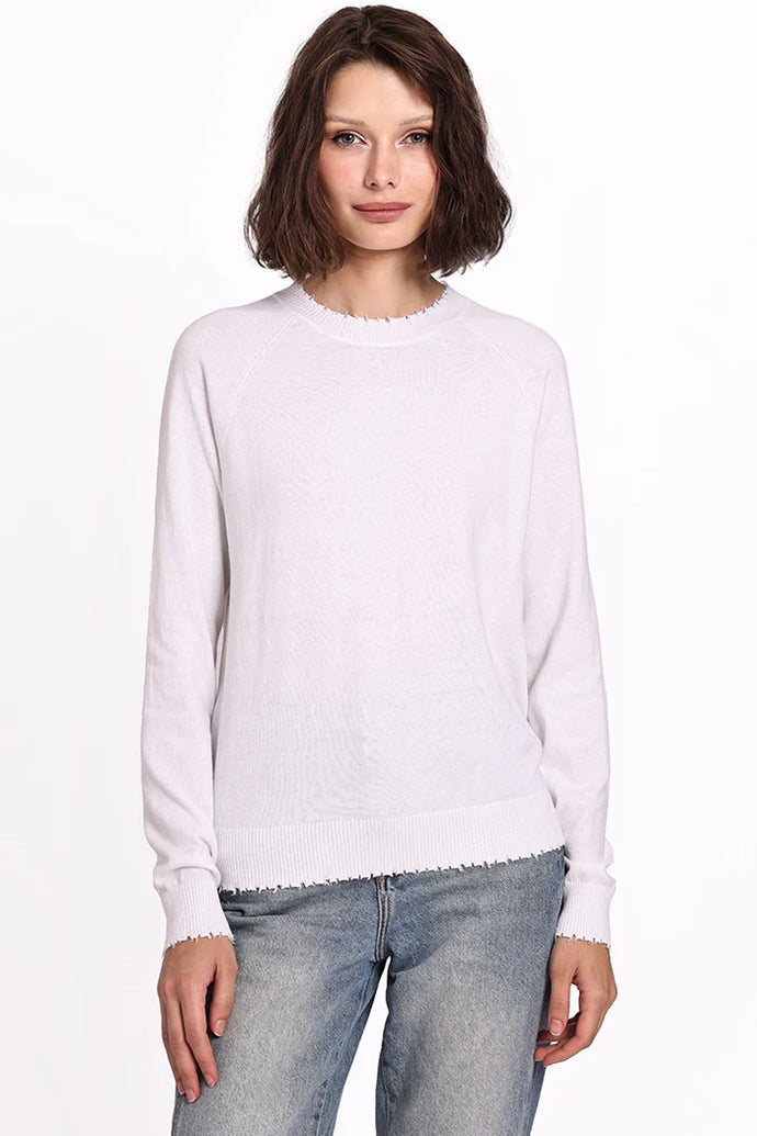 Minnie Rose - Cotton/Cashmere Distressed Crew Sweater - White
