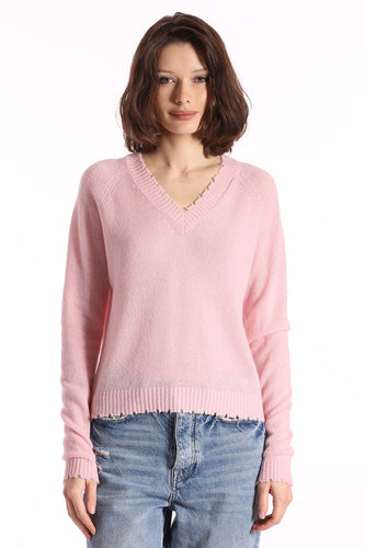 Minnie Rose Distressed V Neck Sweater - Pink Pearl