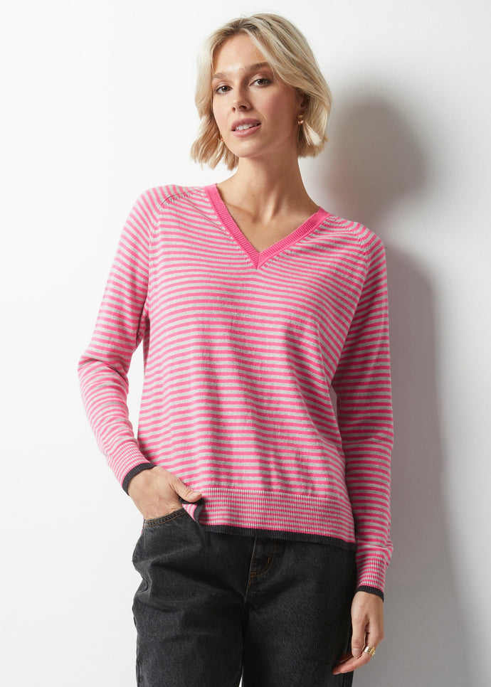 Zaket & Plover - Essential Stripe V Sweater - Bubblegum