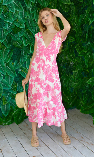 Felicite Apparel Puff Sleeve Maxi Dress in Neon Pink Stripe