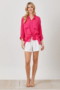 Maven West -2 Pocket Button Down Tie Top - French Rose