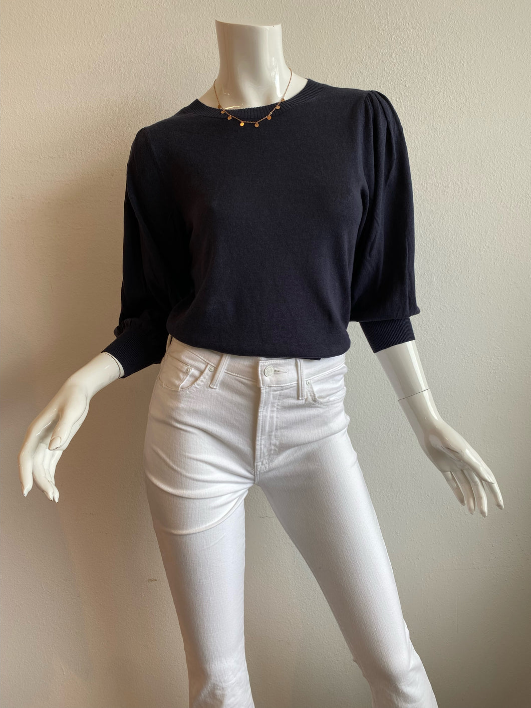 Lilla P - Puff Sleeve Crewneck Sweater - Navy