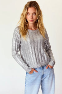 J Society Metallic Cable Crew Sweater - Silver