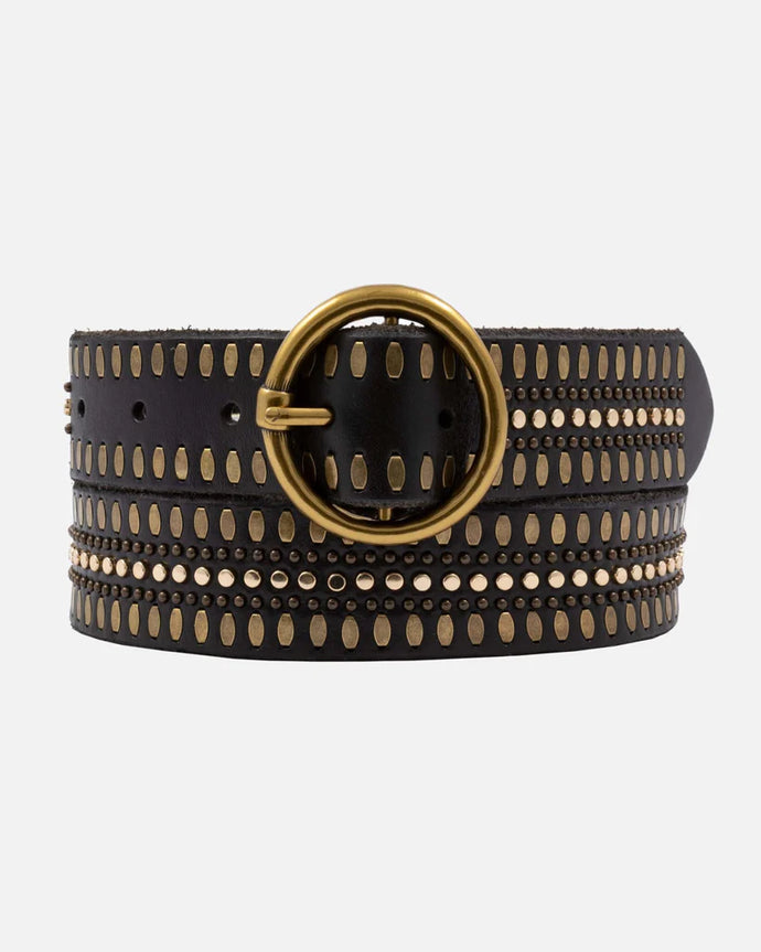 Amsterdam Heritage - Soraya Studded Leather Belt with Gold Round Buckle - Black