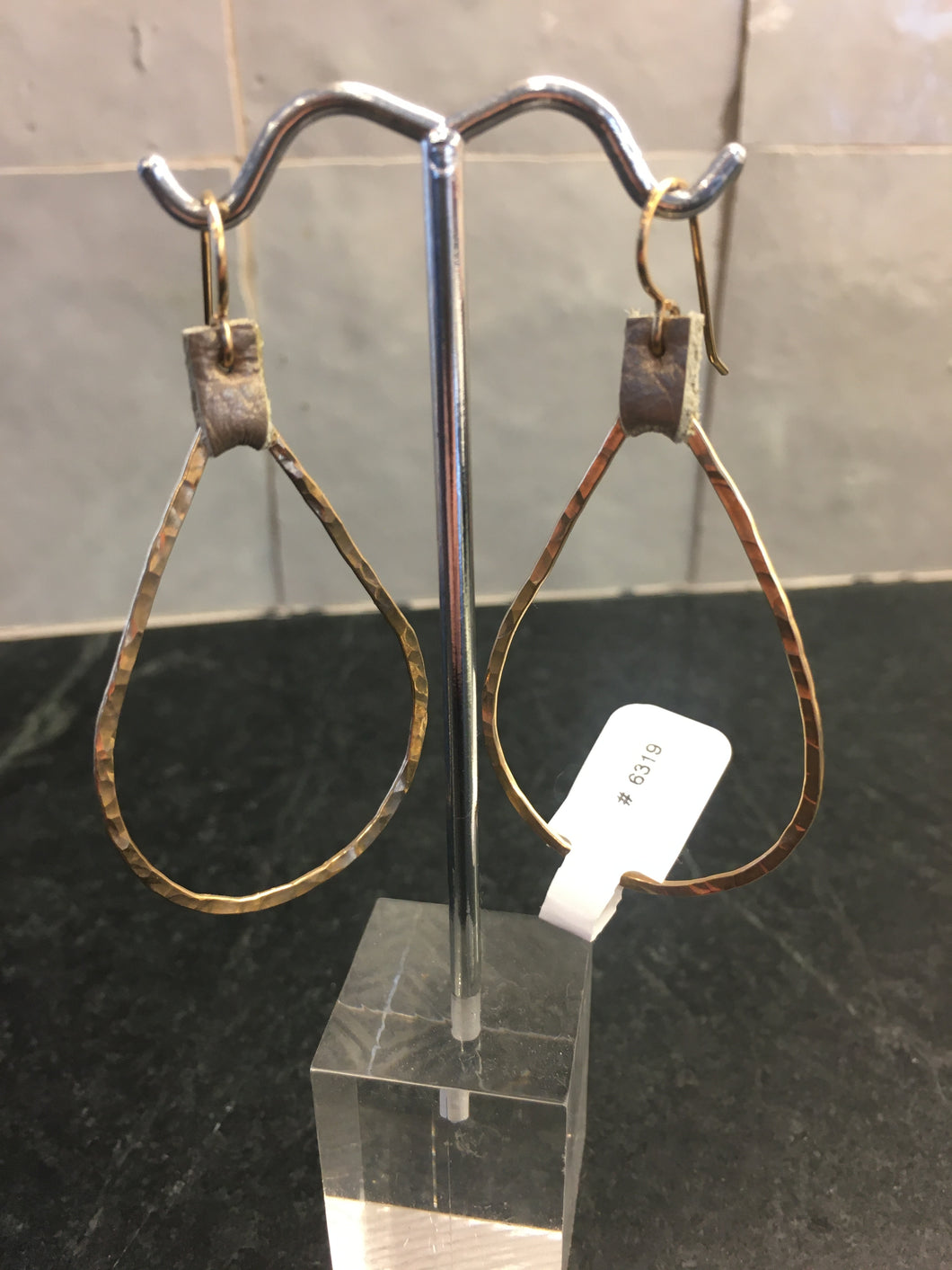 Large Hammered Teardrop with Leather Earrings