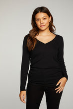 Load image into Gallery viewer, RPET Vintage Rib Long Sleeve Deep V Neck Tee with Shirring