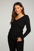 Load image into Gallery viewer, RPET Vintage Rib Long Sleeve Deep V Neck Tee with Shirring