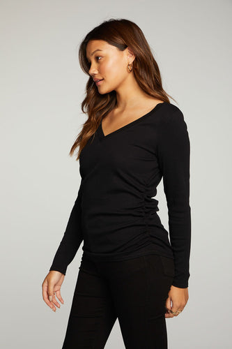 RPET Vintage Rib Long Sleeve Deep V Neck Tee with Shirring