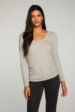 Load image into Gallery viewer, RPET Vintage Rib Long Sleeve Deep V Neck Tee with Shirring in Platinum