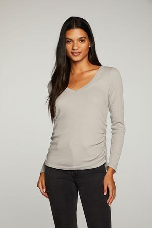 RPET Vintage Rib Long Sleeve Deep V Neck Tee with Shirring in Platinum