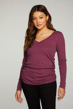 Load image into Gallery viewer, RPET Vintage Rib Long Sleeve Deep V Neck Tee with Shirring in Plum Pie