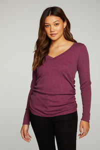 RPET Vintage Rib Long Sleeve Deep V Neck Tee with Shirring in Plum Pie