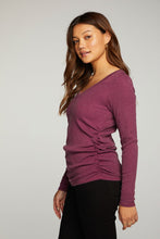 Load image into Gallery viewer, RPET Vintage Rib Long Sleeve Deep V Neck Tee with Shirring in Plum Pie