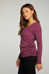 RPET Vintage Rib Long Sleeve Deep V Neck Tee with Shirring in Plum Pie