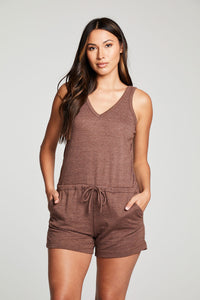 Chaser - Triblend Jersey Double V Tank Romper - Beige (heathered chocolate brown)