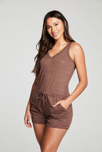 Load image into Gallery viewer, Chaser - Triblend Jersey Double V Tank Romper - Beige (heathered chocolate brown)