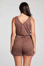 Load image into Gallery viewer, Chaser - Triblend Jersey Double V Tank Romper - Beige (heathered chocolate brown)
