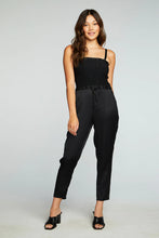 Load image into Gallery viewer, Chaser Stretch Silky Basic Smocked Drawstring Jumpsuit - Black
