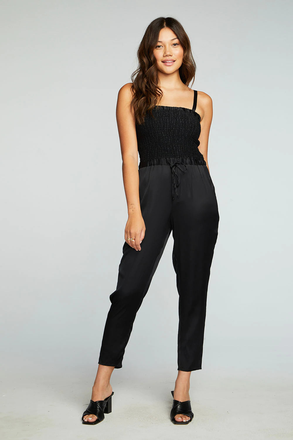 Chaser Stretch Silky Basic Smocked Drawstring Jumpsuit - Black