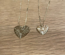 Load image into Gallery viewer, Paradigm Design Sunburst Etched Small Heart Necklace W Link Chain