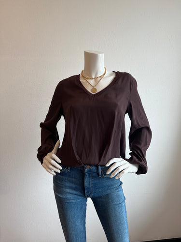 Lola and Sophie - V Neck Pleated Banded Hem Blouse - Brown