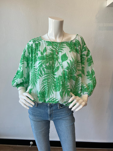 Felicite - Crop Peasant Top - Green Palms