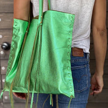 Load image into Gallery viewer, Mara Scalise Fringe Tote  - Large, Green Metallic
