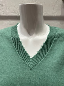 Minnie Rose-Cotton/Cashmere Frayed V-Neck Sweater - Golf Green