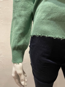 Minnie Rose-Cotton/Cashmere Frayed V-Neck Sweater - Golf Green